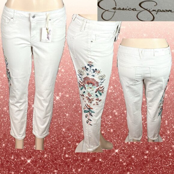 Jessica Simpson 10/30 Waist Off-White Denim Embroidered Floral Roll Ankle Jeans - Picture 1 of 6